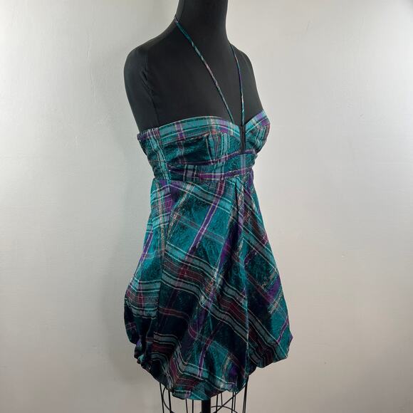 Camille La Vie Halter Plaid Bubble Dress Teal Purple Mini Jacquard Size XS - Picture 5 of 9